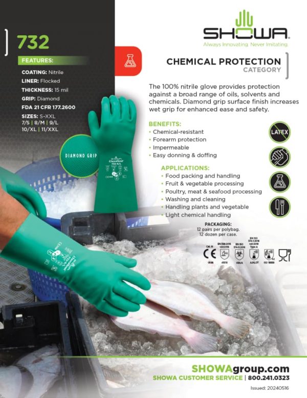 SHOWA 732 Nitrile Chemical Resistant Safety Glove with Raised Diamond Palm and Cotton Lining, 15 mil Thick, 13" Length, Green, Large (12 Pair)-1