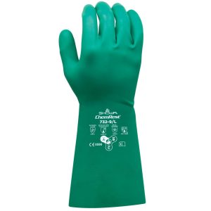 SHOWA 732 Nitrile Chemical Resistant Safety Glove with Raised Diamond Palm and Cotton Lining, 15 mil Thick, 13" Length, Green, Large (12 Pair)-0